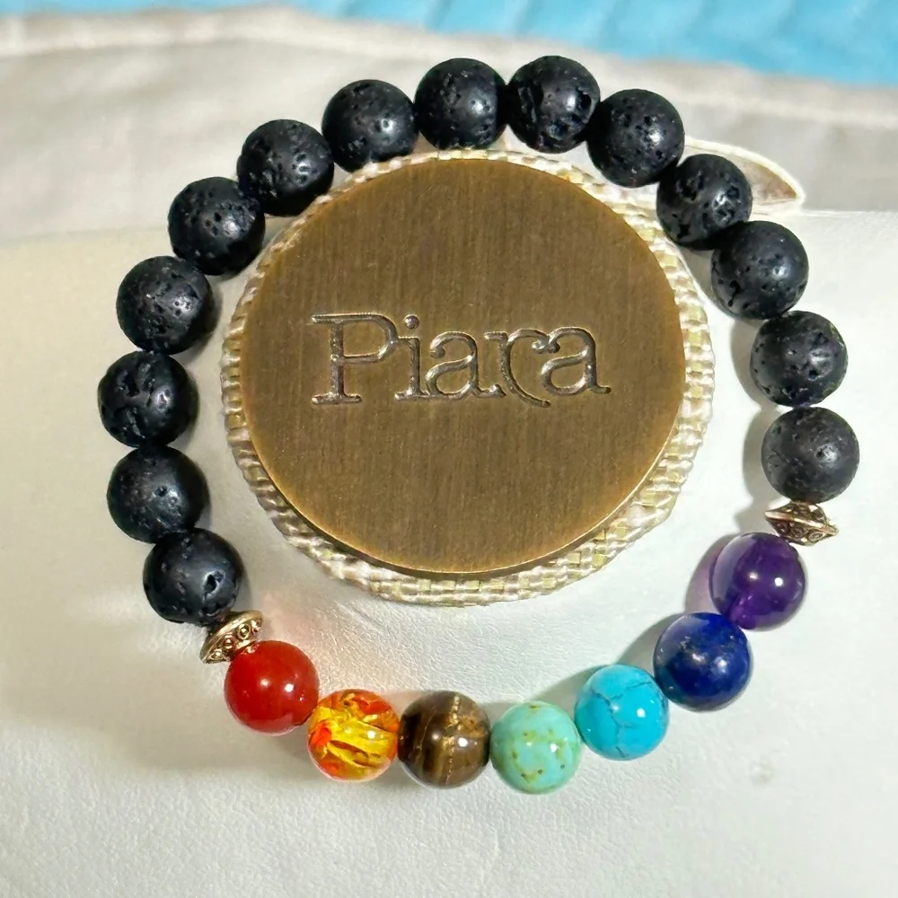 Multicolor 7 stone chakra stretchy bracelet w/black lava stones - Picture 1 of 16